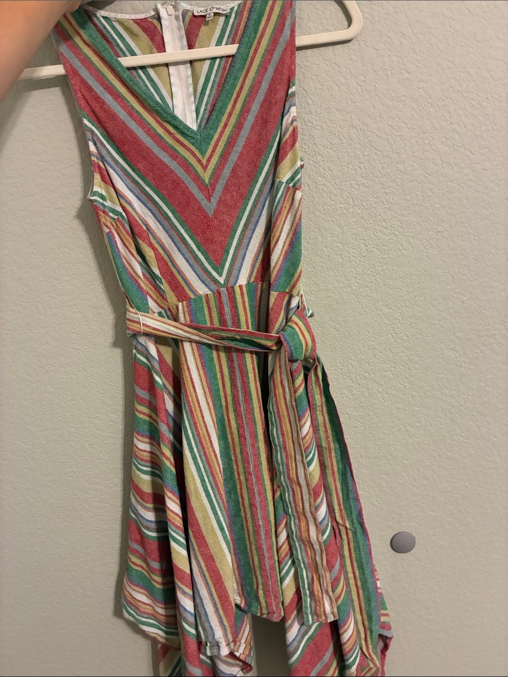 Sleeveless Multicolor Striped V-Neck Hankerchief Cut Dress with Waist Tie